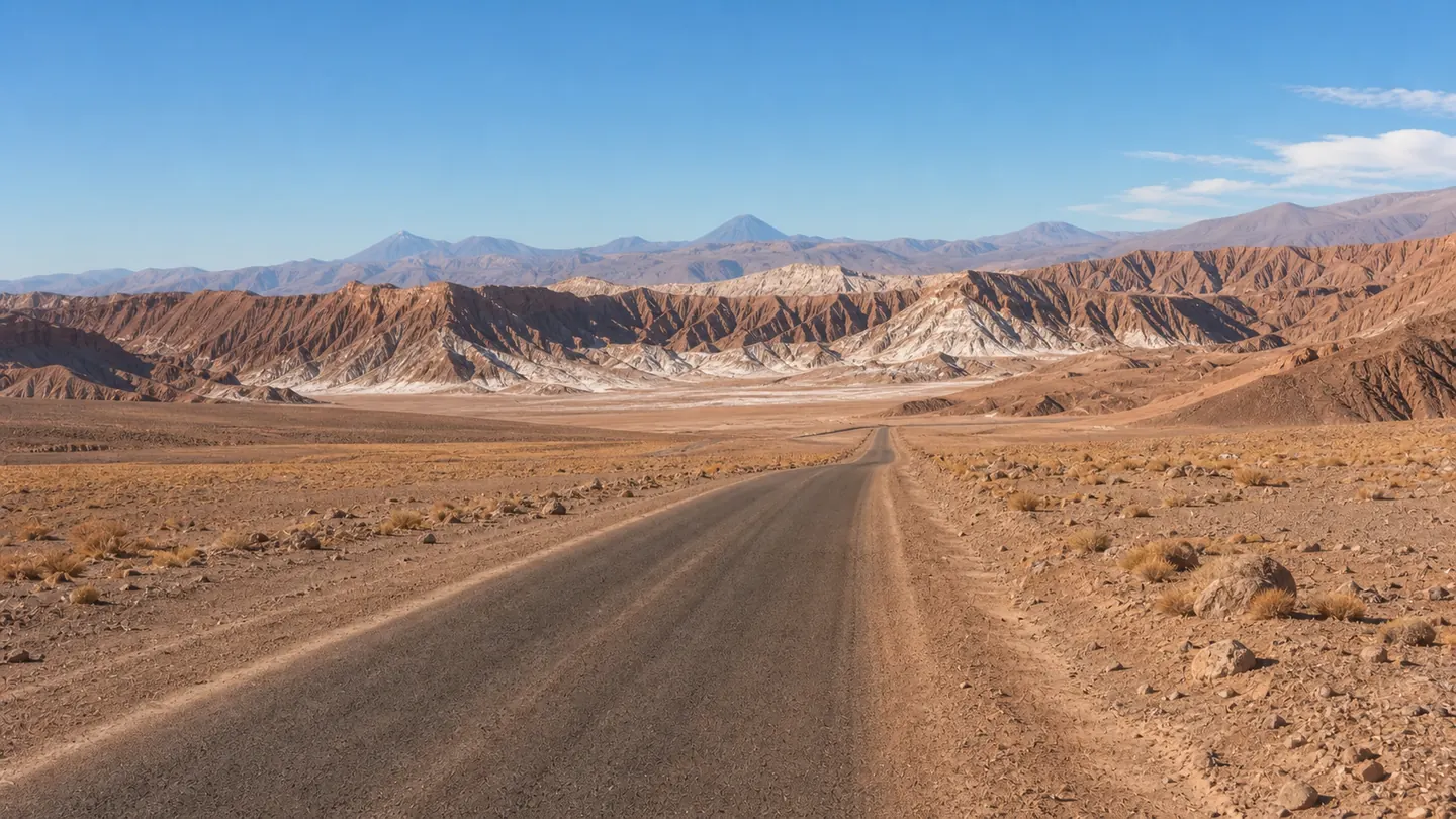 Camino desertico desde San Pedro de Atacama hacia las formaciones del Valle de la Luna