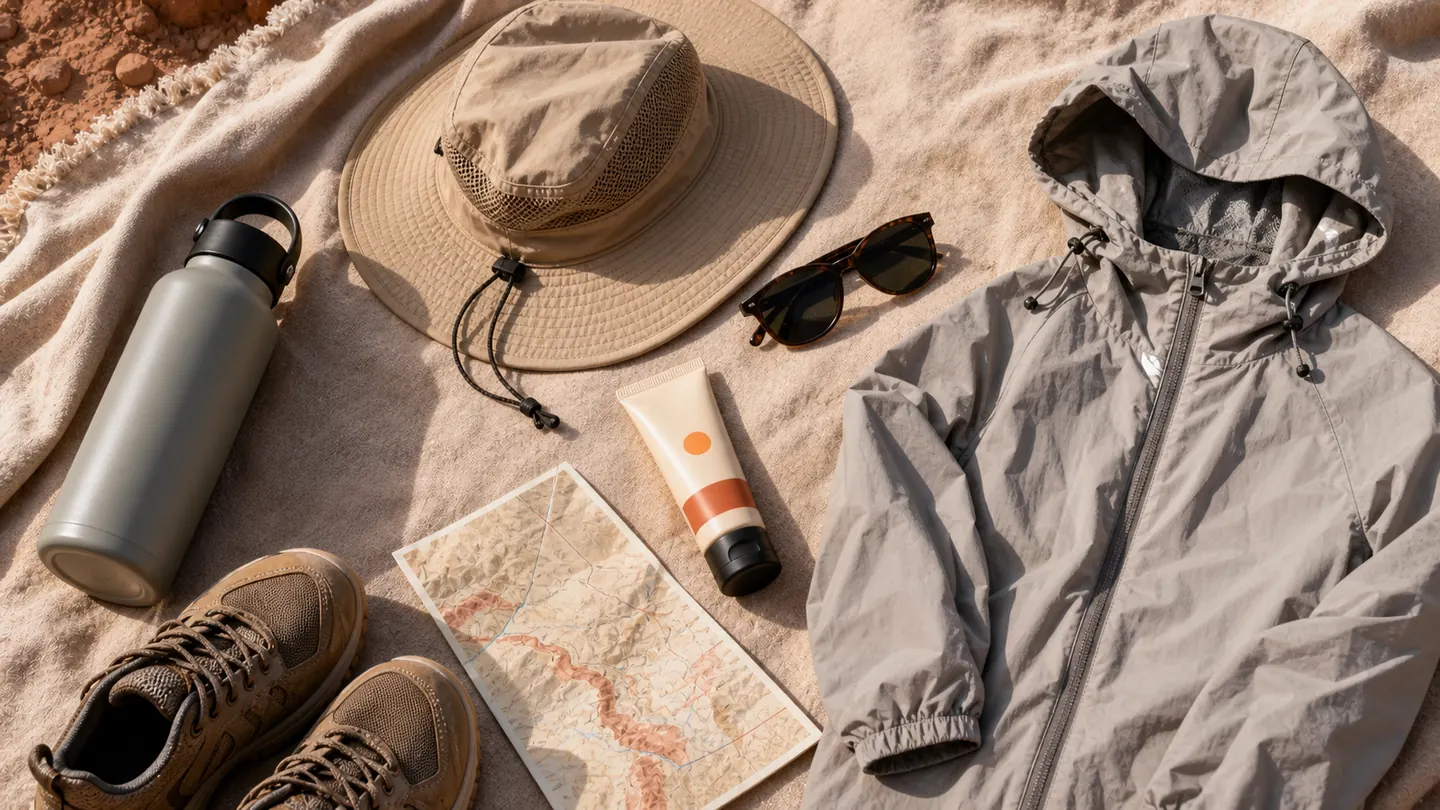 Equipo recomendado para visitar el desierto de Atacama: agua, sombrero, gafas y chaqueta ligera