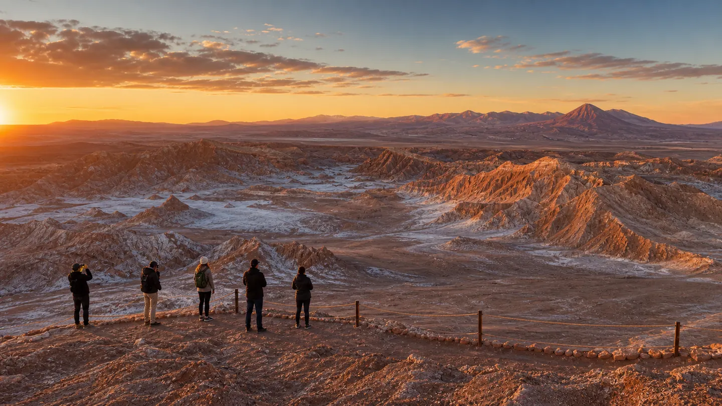 Viajeros detras de una barrera de seguridad observando el Valle de la Luna al atardecer