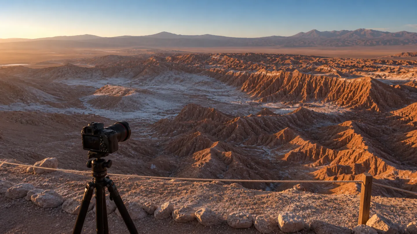 Camera on a tripod at a safe viewpoint facing Valle de la Luna ridges