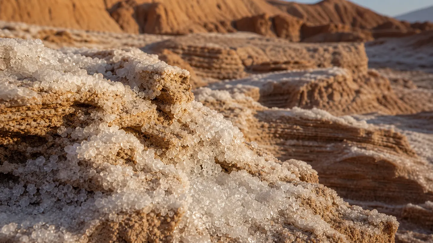 Cristales de sal y capas de arcilla que explican la geologia del Valle de la Luna