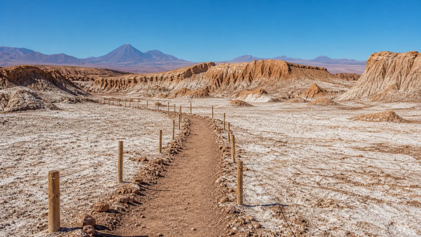 Sendero marcado en el Valle de la Luna para proteger formaciones fragiles de sal y arcilla