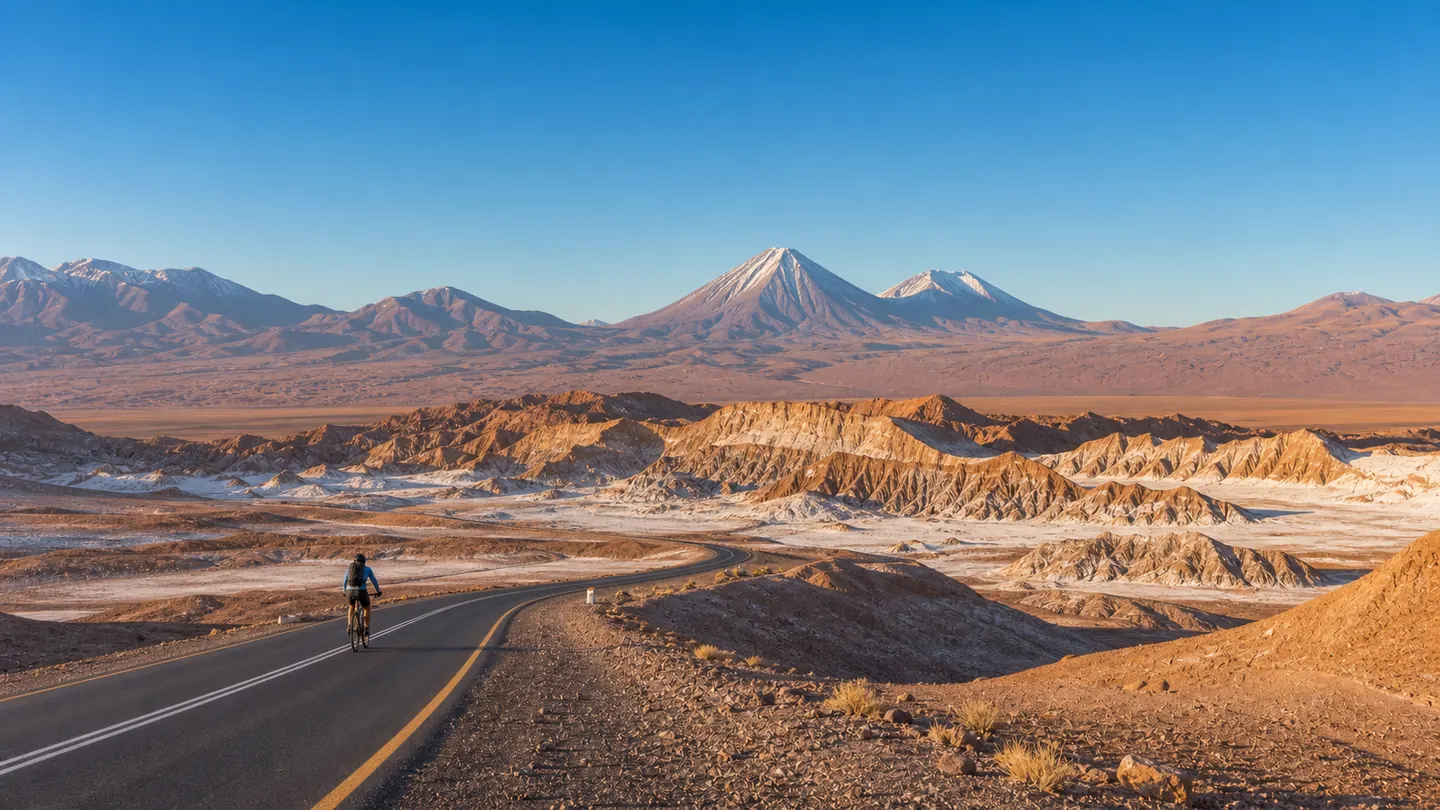 Ciclista en un camino autorizado cerca del Valle de la Luna con volcanes al fondo